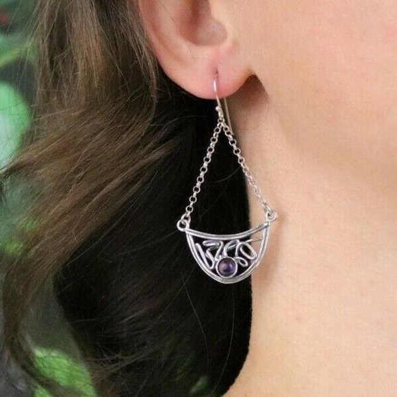 Sterling Silver Purple Amethyst Earrings Dangle Drop Earrings - Picture 2 of 7
